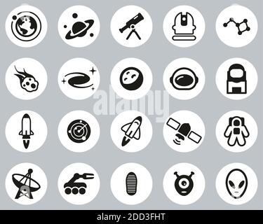Space Or Space Mission Icons Black & White Flat Design Circle Set Big Stock Vector