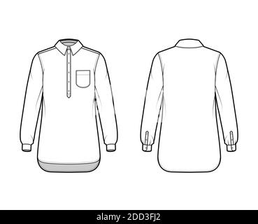 Shirt pullover technical fashion illustration with rounded pocket, long sleeves, relax fit, half placket button down, regular collar. Flat template front, back white color. Women men top CAD mockup Stock Vector