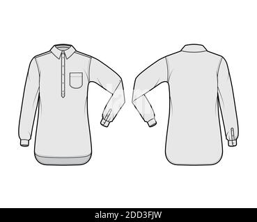 Shirt pullover technical fashion illustration with rounded pocket, elbow fold long sleeve, oversized, half placket button down. Flat template front, back, grey color. Women men top CAD mockup Stock Vector