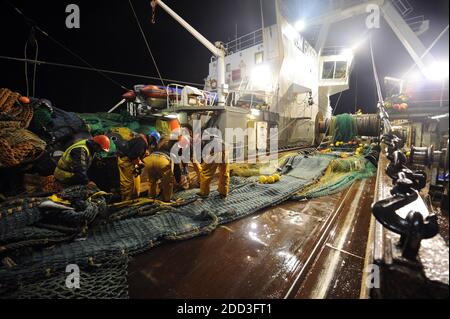 Deep-sea fishing in the Norwegian Sea on board the trawler “Grande Hermine” in 2011. La Grande Hermine, factory trawler operated by Compagnie des Pech Stock Photo