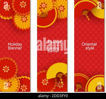 Chinese New Year greeting card with tradition pattern and round paper fans, paper cut origami flyer on white background. Template of promotion, sale Stock Vector