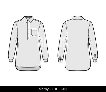 Shirt pullover technical fashion illustration with rounded pocket, long sleeves, relax fit, half placket button down, regular collar. Flat template front, back, grey color. Women men top CAD mockup Stock Vector