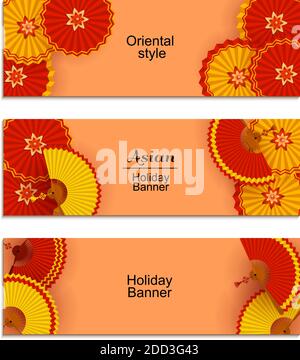 Chinese New Year greeting card with tradition pattern and round paper fans, paper cut origami flyer on white background. Template of promotion, sale Stock Vector