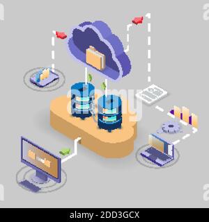 Cloud storage technology flowchart, isometric vector illustration. Stock Vector