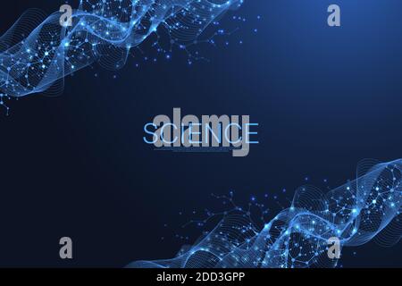 Molecular structure background. Science template wallpaper or banner with a DNA molecules. Asbtract scientific molecule background. Wave flow Stock Vector