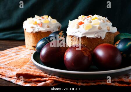 Easter bread the kulich, russian food, religion, painted eggs, Traditional Orthodox Easter. Stock Photo