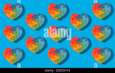 Wooden multi-colored handmade heart in the form of a puzzle. Zero Waste concept of using environmentally friendly natural materials. Space for text. B Stock Photo
