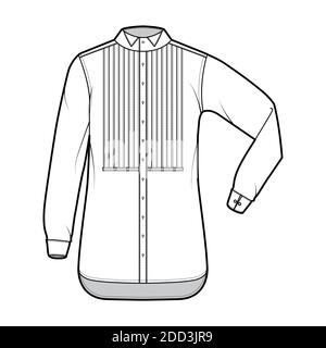 Shirt tuxedo dress technical fashion illustration with pleated pintucked bib, elbow fold long sleeves with french cuff, wing collar. Flat template front white color. Women men unisex top CAD Stock Vector