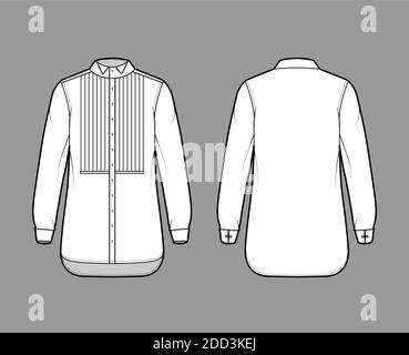 Shirt tuxedo dress technical fashion illustration with pleated pintuck bib, long sleeves with french cuff, wing collar, relax fit. Flat template front back white color. Women men unisex top CAD mockup Stock Vector