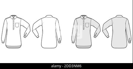 Shirt pullover technical fashion illustration with rounded pocket, elbow fold long sleeve, oversized, half placket button down. Flat template front, back white, grey color. Women men top CAD mockup Stock Vector