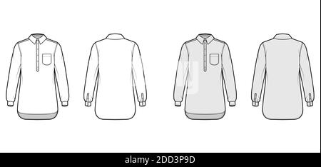 Shirt pullover technical fashion illustration with rounded pocket, long sleeves, relax fit, half placket button down, regular collar. Flat template front, back white, grey color. Women men CAD mockup Stock Vector