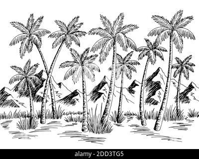 Palm grove plantation graphic black white landscape sketch illustration ...