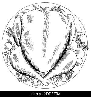 Roasted turkey Thanksgiving Day graphic black white top sketch aerial view isolated illustration vector Stock Vector