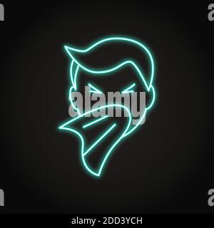 Neon sneezing person icon in line style. Man covering mouth with handkerchief. Vector illustration. Stock Vector