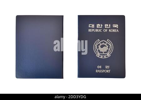 Passport of South Korea (back and front view) isolated on white background. Object with clipping path. Stock Photo