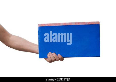 Hand holding a notebook isolated on a white background. with clipping path. Stock Photo