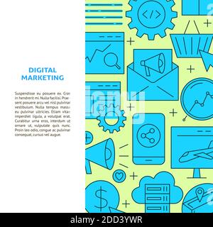 Digital marketing banner in line style with place for text. Poster with search engine optimization icons. Vector illustration. Stock Vector