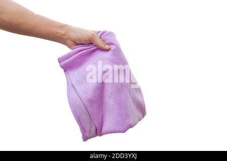 Purple cloth in hand isolated on white background with clipping path. Stock Photo