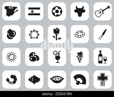 Spain Country & Culture Icons Black & White Flat Design Set Big Stock Vector