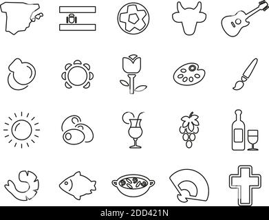 Spain Country & Culture Icons Black & White Thin Line Set Big Stock Vector
