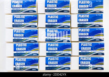 Tbilisi, Georgia - November 24, 2020: Deli plastic erasers on the white background Stock Photo