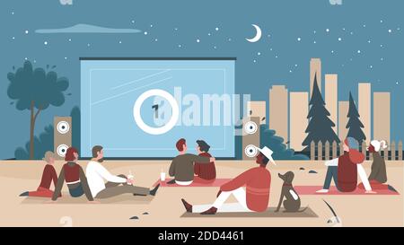 People in outdoor cinema vector illustration. Cartoon man woman couple characters or family with child sitting in open air cinema theater together, watching movie, digital cinematography background Stock Vector