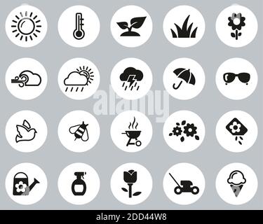 Spring Icons Black & White Flat Design Circle Set Big Stock Vector