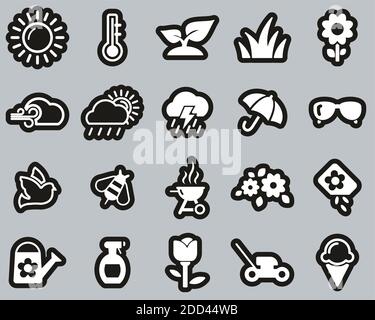 Spring Icons White On Black Sticker Set Big Stock Vector