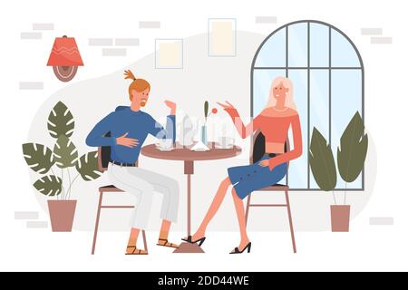 Couple people drink coffee in cafe on date vector illustration. Cartoon stylish man woman characters sitting together at table in cafeteria interior, drinking, talking on romantic dating background Stock Vector