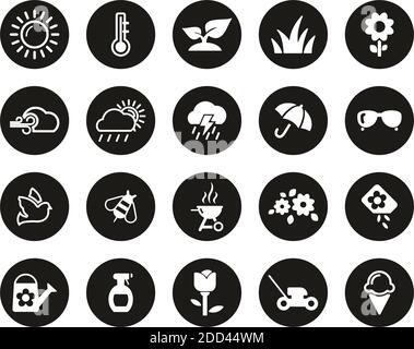 Spring Icons White On Black Flat Design Circle Set Big Stock Vector