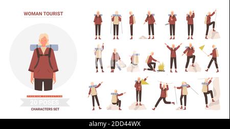 Woman tourist traveler adventure poses vector illustration set. Cartoon pretty young female hiker character with backpack posing in tourism activity, traveling, hiking and climbing isolated on white Stock Vector
