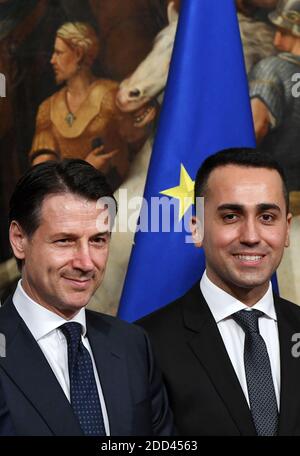Italy's new Prime Minister Giuseppe Conte (L) and Labor and Industry Minister and deputy PM Luigi Di Maio (R) attend the bell ring ceremony, during the first Ministry Council meeting of the new government at Palazzo Chigi, the Prime Ministry Palace in Rome, Italy on June 1, 2018. Photo by Eric Vandeville/ABACAPRESS.COM Stock Photo