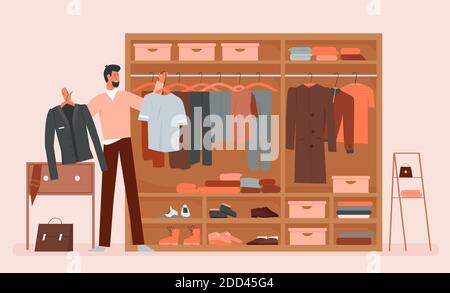 Man choosing clothes in clothing home wardrobe room vector illustration. Cartoon bearded male character trying to choose what to wear, standing near closet cabinet or dresser full of clothes, shoes Stock Vector