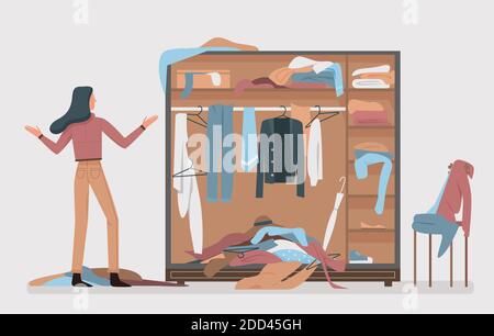 Messy closet, dressing home room interior vector illustration. Cartoon woman worried about mess in open wardrobe, standing next to pile of thrown clothes, untidy clutter fashion clothing background Stock Vector