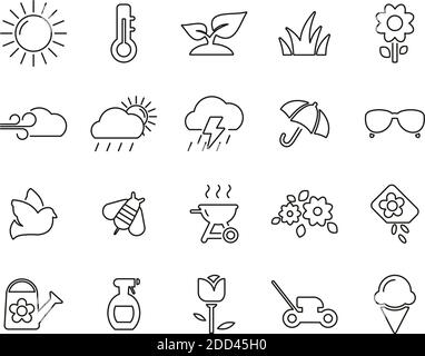 Spring Icons Black & White Thin Line Set Big Stock Vector