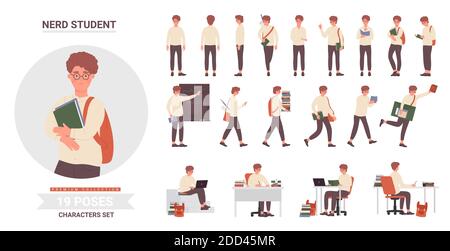 Teenager school student poses vector illustration set. Cartoon intelligent smart casual boy character with glasses, backpack and books studying and posing in front, side or back view isolated on white Stock Vector