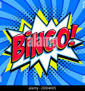 Bingo lottery poster. Lottery game background. Comics pop-art style bang shape on a blue twisted background. Ideal for web banners illustration. Stock Vector