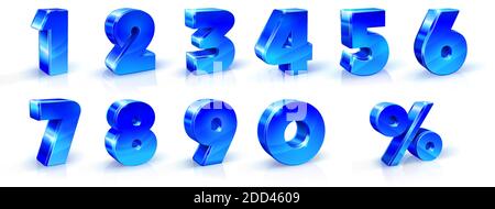 Set of blue numbers 1, 2, 3, 4, 5, 6, 7, 8, 9, 0, and percent sign. 3d illustration. Suitable for use on advertising banners posters flyers promotional Stock Vector