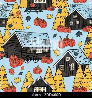 Canadian or scandinavian black wooden houses with grass on the roof and christmas trees handwritten seamless repeat pattern with pumpkins, web and spiders on Halloween Stock Vector