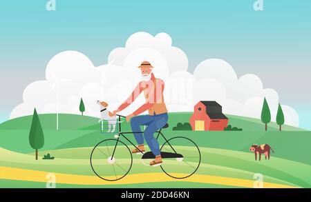 Healthy active lifestyle for senior people vector illustration. Cartoon old man cyclist character riding bicycle bike, older rider lady cycling on rural road in summer village landscape background Stock Vector