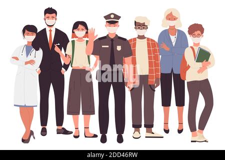 People different professions with face masks vector illustration. Cartoon professional characters team wearing protective masks, standing together, corona virus outbreak concept isolated on white Stock Vector