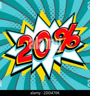Turquoise 20 twenty percent off sale banner. Red number on yellow bang shape and blue-green swirling background. Big sale web banner in Pop-art style. Stock Vector