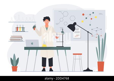 Scientist working vector illustration. Cartoon man scientific worker character in lab uniform making science test or chemical experiment in laboratory, holding test tube equipment isolated on white Stock Vector