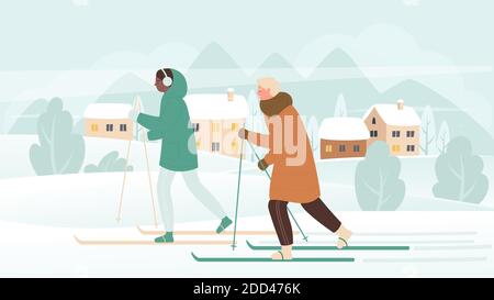 People in ski winter sport activity at Christmas holidays vector illustration. Cartoon active man woman couple skier characters skiing, have fun in healthy family countryside vacation background Stock Vector