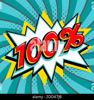 100% one hundred percent off sale banner. Red number on yellow bang shape and Turquoise twisted background. Big sale web banner in Pop-art style. Comi Stock Vector