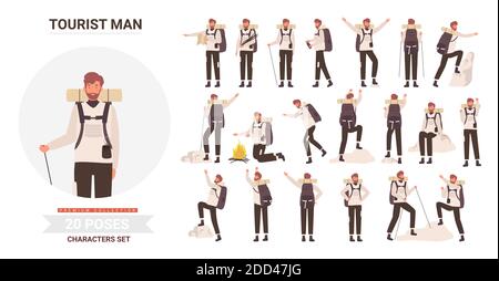 Man tourist traveler adventure poses vector illustration set. Cartoon bearded young male hiker character with backpack posing in tourism activity, traveling, hiking and climbing isolated on white Stock Vector