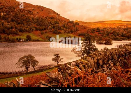 Autumn colours in the trees and ferns around Rydal Water in the English Lake District near Ambleside, Cumbria, UK Stock Photo