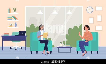 Psychologist counseling patient vector illustration. Cartoon doctor psychotherapist talking with smiling woman in office room interior on psychotherapy appointment, psychology consultation background Stock Vector