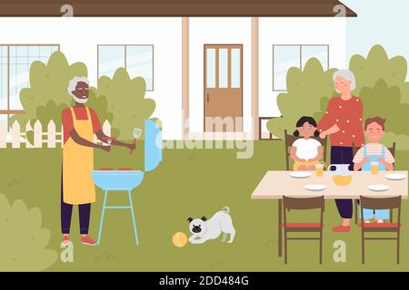 Family people cook on bbq picnic party in backyard vector illustration. Cartoon grandparents cooking grilled food for grandchildren, grill sausages in summer nature of back yard near house background Stock Vector
