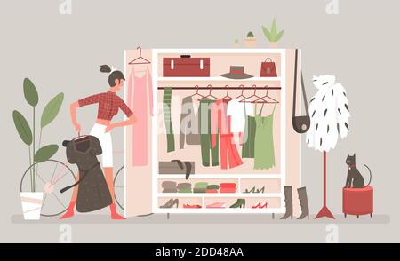 Home wardrobe room for clothes vector illustration. Cartoon woman standing at open cabinet with dresses and clothing hanging and lying on shelves, storage organization of clothes system background Stock Vector